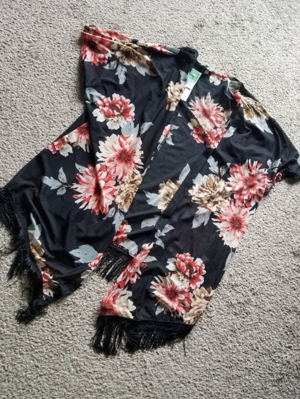 Siren Lily Black Floral Fringe Kimono with Red and Cream Blooms - Picture 5 of 7